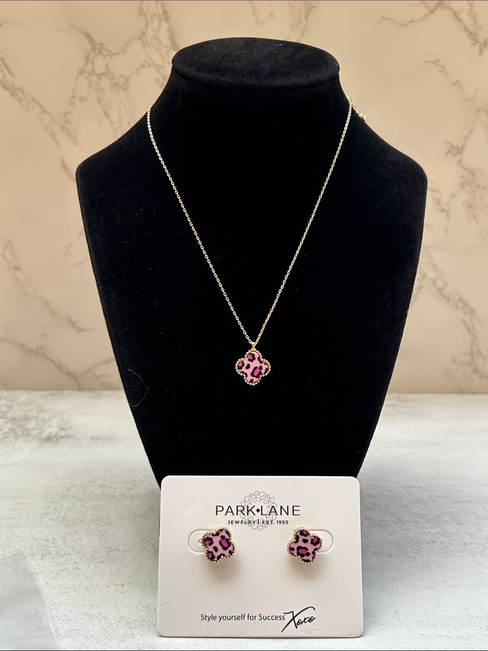 Park Lane Gold-Tone Pink Leopard Clover Necklace & Stud Earrings - Picture 1 of 7